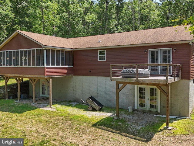 79 Whiskey Still Rd, Berkeley Springs, WV 25411 - back of house featuring french doors, a sunroom, a deck, a shingled roof, and a yard