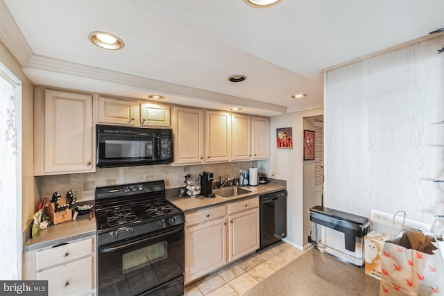kitchen with black appliances, backsplash, a sink, recessed lighting, and light brown cabinets