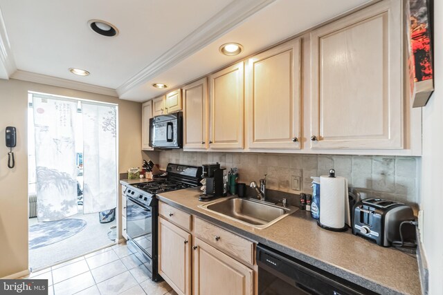 1326 Spruce St Unit 2906, Philadelphia, PA 19107 - kitchen with black appliances, a sink, ornamental molding, decorative backsplash, and recessed lighting