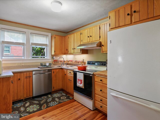 210 W 1st St, Front Royal, VA 22630 - kitchen featuring freestanding refrigerator, range with electric cooktop, under cabinet range hood, dishwasher, and a sink