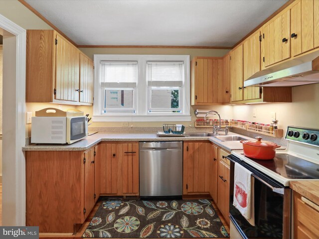 210 W 1st St, Front Royal, VA 22630 - kitchen featuring stainless steel dishwasher, electric stove, under cabinet range hood, a sink, and light countertops