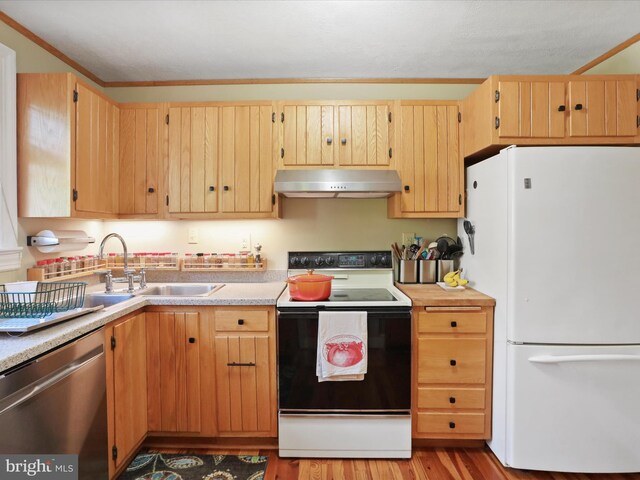 210 W 1st St, Front Royal, VA 22630 - kitchen with freestanding refrigerator, electric range oven, stainless steel dishwasher, extractor fan, and a sink