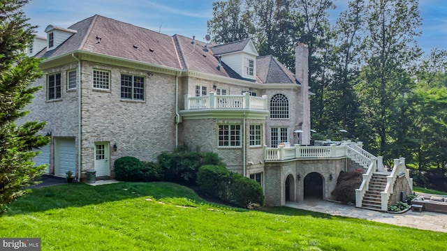 1034 Founders Ridge Ln, Mclean, VA 22102 - rear view of house with a balcony, stairs, a lawn, a chimney, and a garage