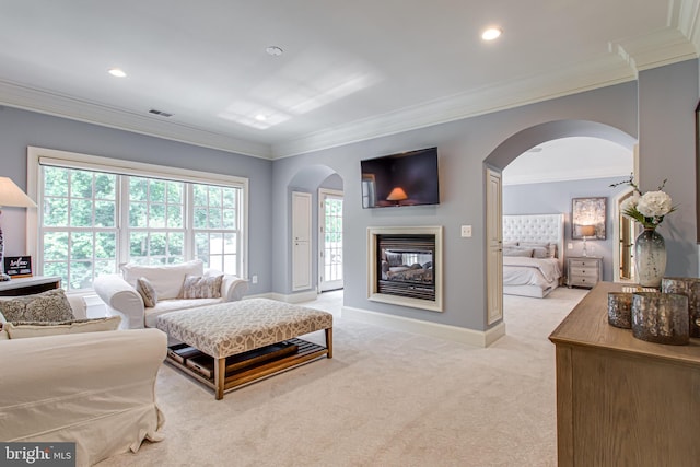 1034 Founders Ridge Ln, Mclean, VA 22102 - living room with arched walkways, ornamental molding, a multi sided fireplace, light colored carpet, and baseboards