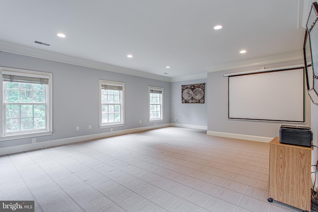 1034 Founders Ridge Ln, Mclean, VA 22102 - carpeted home theater with baseboards, crown molding, and recessed lighting