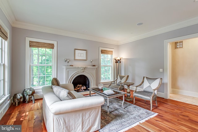 1034 Founders Ridge Ln, Mclean, VA 22102 - living area with plenty of natural light, crown molding, light wood-type flooring, a fireplace, and baseboards
