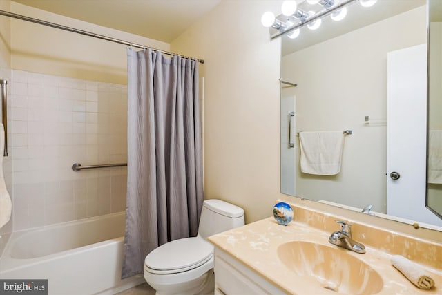 bathroom featuring toilet, shower / bathtub combination with curtain, and vanity