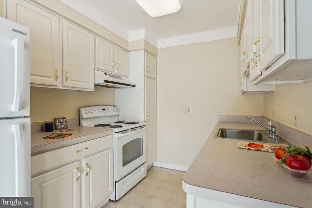 kitchen featuring white appliances, a sink, under cabinet range hood, white cabinets, and light countertops