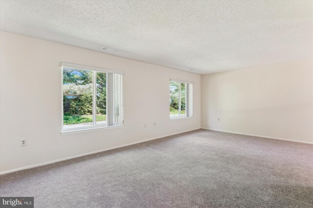 spare room with a textured ceiling, carpet flooring, and baseboards