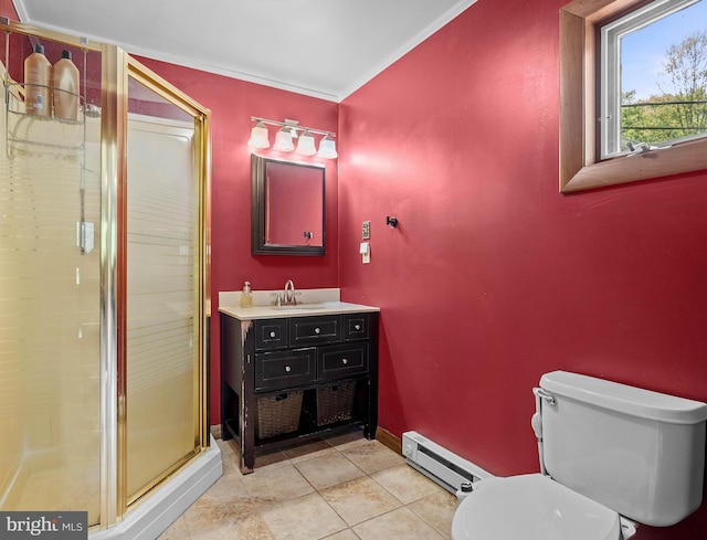 115 Bailey Settlement Hwy, Clearfield, PA 16830 - bathroom featuring a baseboard heating unit, a stall shower, toilet, vanity, and tile patterned floors