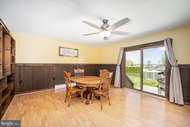 4115 Grandview Rd, Hanover, PA 17331 - dining room featuring baseboard heating, wood finished floors, wainscoting, ceiling fan, and wood walls