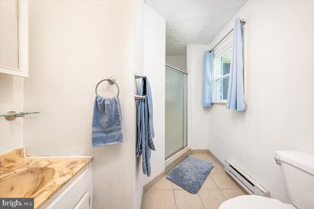 4115 Grandview Rd, Hanover, PA 17331 - bathroom featuring a baseboard radiator, toilet, a stall shower, a textured ceiling, and tile patterned flooring