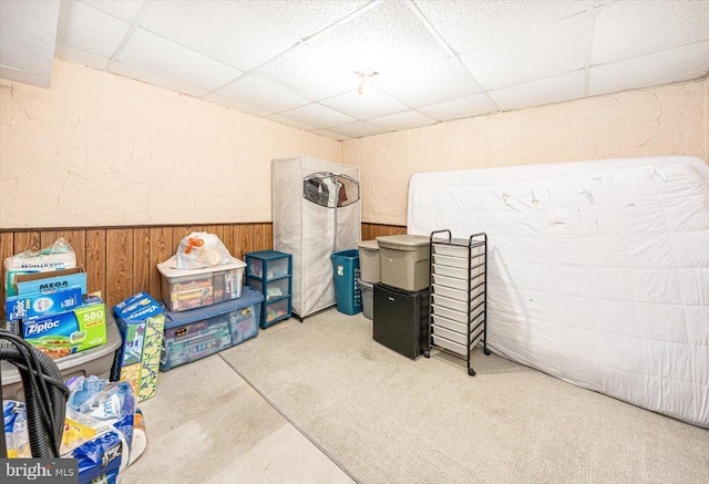 4115 Grandview Rd, Hanover, PA 17331 - below grade area with a paneled ceiling, wood walls, wainscoting, carpet flooring, and a textured wall