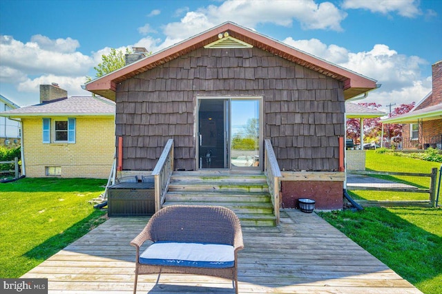 4115 Grandview Rd, Hanover, PA 17331 - rear view of house with a chimney, a wooden deck, and a yard