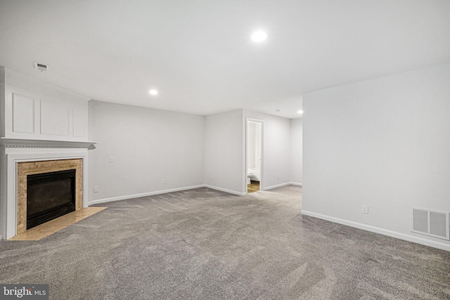 11554 Bertram St, Woodbridge, VA 22192 - unfurnished living room with recessed lighting, carpet, a fireplace with flush hearth, and baseboards