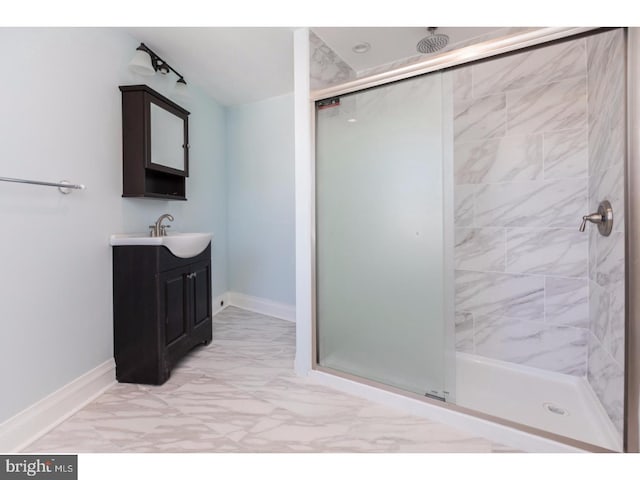 1539 E Berks St, Philadelphia, PA 19125 - full bath with marble finish flooring, a shower stall, vanity, and baseboards