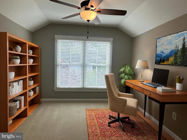 93 Heron Ln, Occoquan, VA 22125 - carpeted office space featuring lofted ceiling, a ceiling fan, and baseboards