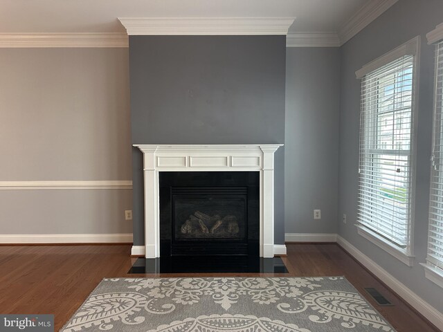 93 Heron Ln, Occoquan, VA 22125 - detailed view of wood finished floors, crown molding, baseboards, and a fireplace with flush hearth