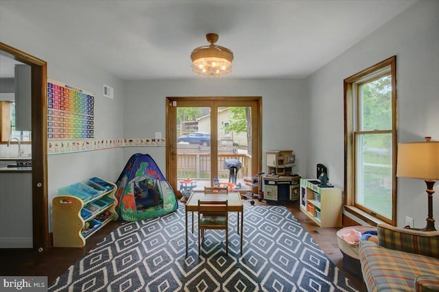 rec room with wood finished floors and a sink