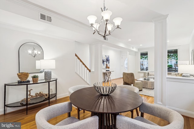 104 E Oxford Ave, Alexandria, VA 22301 - dining area with a chandelier, stairs, light wood-style flooring, recessed lighting, and ornamental molding