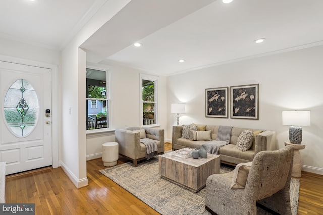 104 E Oxford Ave, Alexandria, VA 22301 - living room with baseboards, light wood finished floors, ornamental molding, and recessed lighting