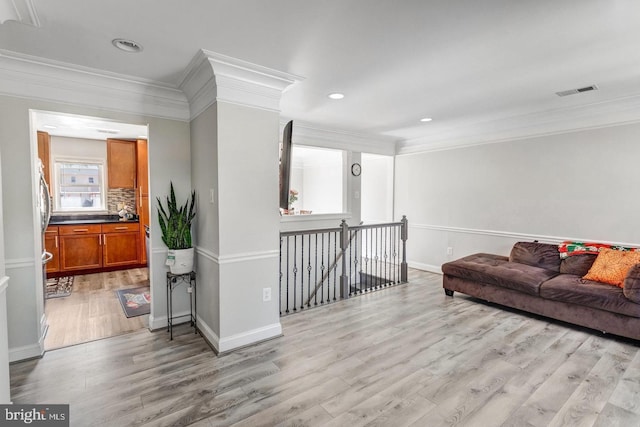1811 Halifax Rd, Woodbridge, VA 22191 - living room with crown molding, light wood-style flooring, baseboards, and recessed lighting