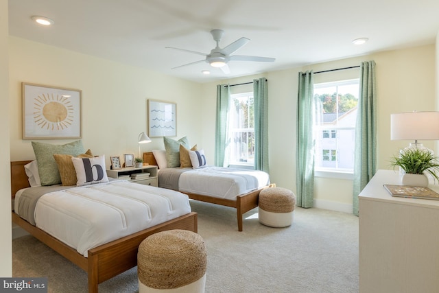 389 Scranton Ln, Ocean View, DE 19970 - bedroom with light colored carpet, recessed lighting, baseboards, and a ceiling fan