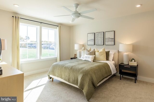 389 Scranton Ln, Ocean View, DE 19970 - bedroom featuring light carpet, baseboards, recessed lighting, and a ceiling fan