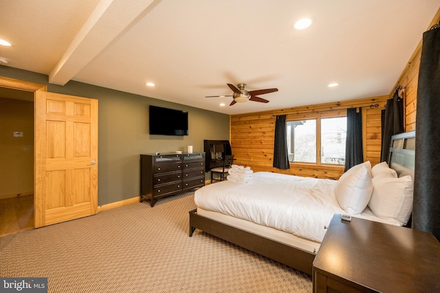 bedroom with recessed lighting, baseboards, light colored carpet, a ceiling fan, and beamed ceiling