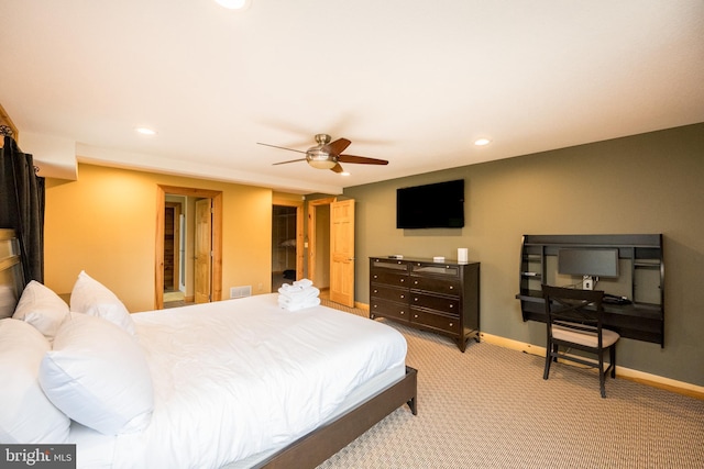 bedroom with baseboards, recessed lighting, light colored carpet, and a ceiling fan