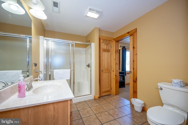 bathroom with vanity, toilet, a shower stall, and tile patterned flooring
