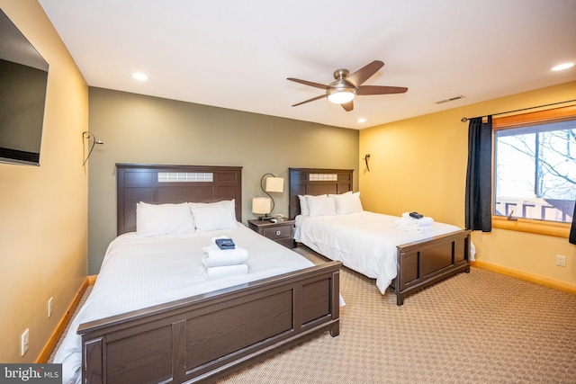 bedroom with baseboards, light colored carpet, recessed lighting, and ceiling fan