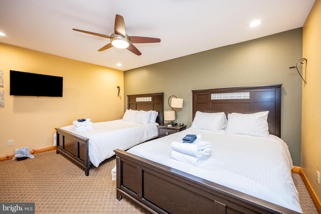 bedroom with light colored carpet, baseboards, a ceiling fan, and recessed lighting