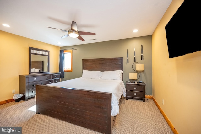 bedroom with light carpet, baseboards, ceiling fan, and recessed lighting