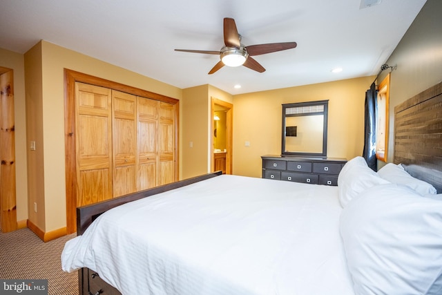 carpeted bedroom featuring recessed lighting, a closet, baseboards, and ceiling fan