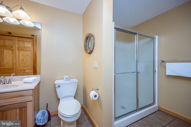bathroom with a stall shower, tile patterned floors, and toilet