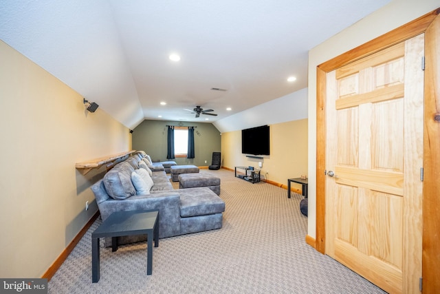 living room featuring baseboards, vaulted ceiling, carpet flooring, ceiling fan, and recessed lighting