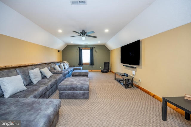 carpeted living room featuring lofted ceiling, baseboards, a ceiling fan, and recessed lighting