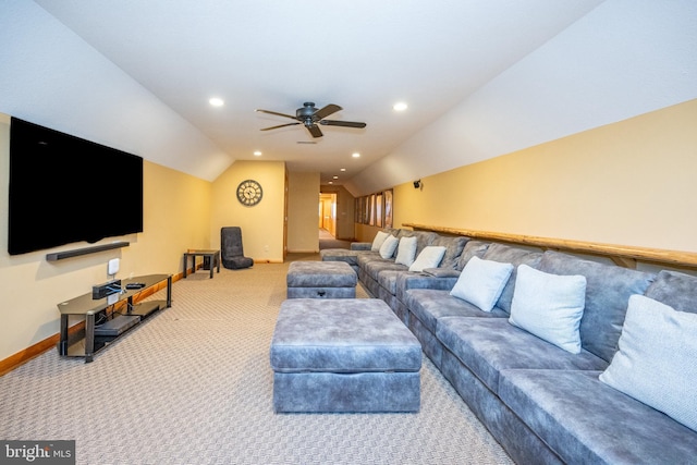 living room with carpet floors, baseboards, lofted ceiling, a ceiling fan, and recessed lighting