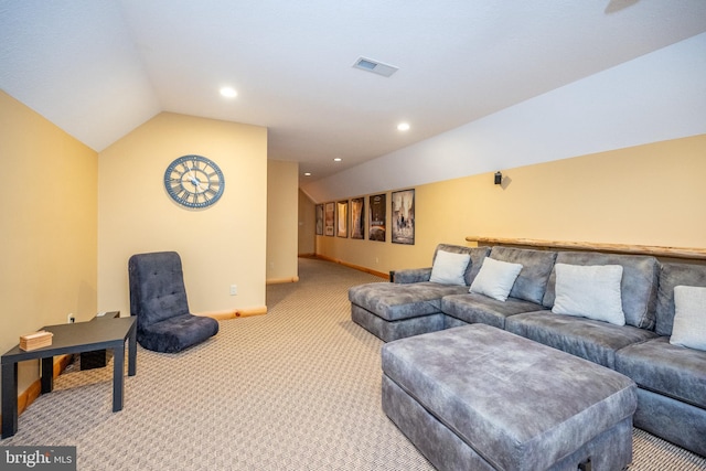 carpeted living room with vaulted ceiling, baseboards, and recessed lighting
