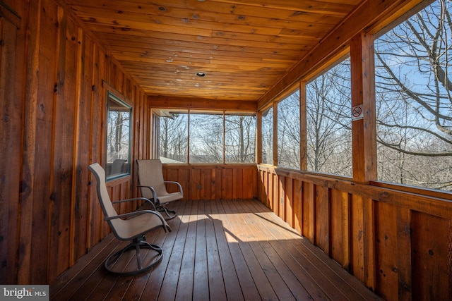 unfurnished sunroom with wooden ceiling, wood walls, and wood-type flooring