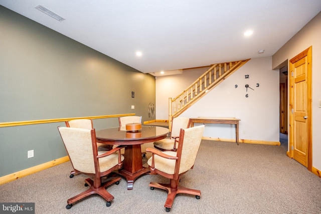 dining room featuring carpet floors, stairway, recessed lighting, and baseboards