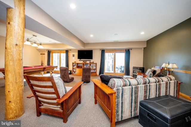 carpeted living room with plenty of natural light, recessed lighting, billiards table, and baseboards