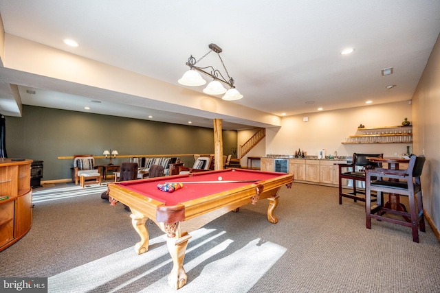 recreation room featuring wet bar, carpet flooring, billiards, beverage cooler, and recessed lighting