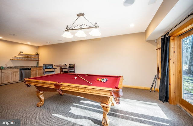 game room featuring carpet, billiards table, baseboards, and recessed lighting