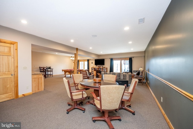dining room with carpet floors, recessed lighting, baseboards, and pool table