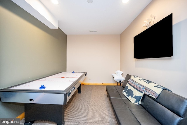 game room featuring carpet flooring, baseboards, and recessed lighting