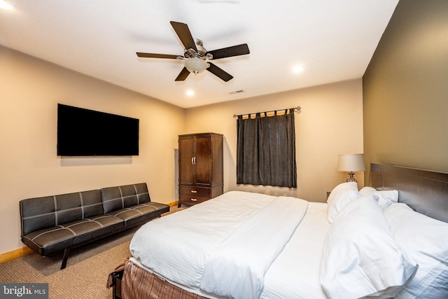 bedroom featuring recessed lighting, carpet, ceiling fan, and baseboards