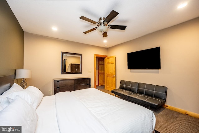 carpeted bedroom with recessed lighting, baseboards, and a ceiling fan