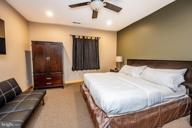 bedroom with light carpet, baseboards, ceiling fan, and recessed lighting